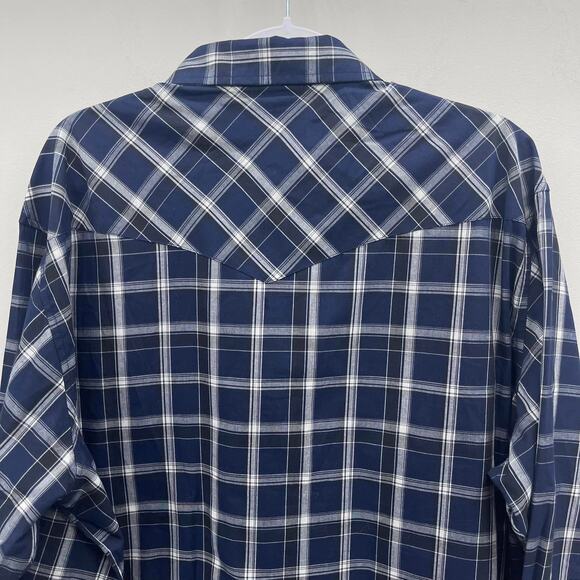 Wrangler Pearl Snap Western Shirt Mens 2XL Big Blue White Plaid Long Sleeve - Picture 4 of 6